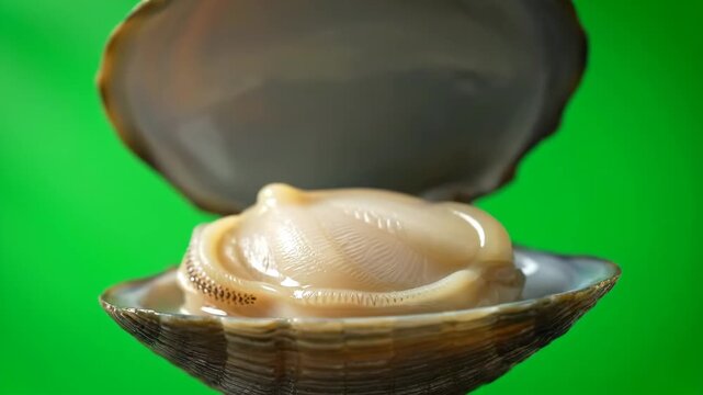 A detailed shot of a fresh clam gradually opening its bivalve shell, showcasing its internal anatomy. Ideal for seafood, marine life, or cooking projects.