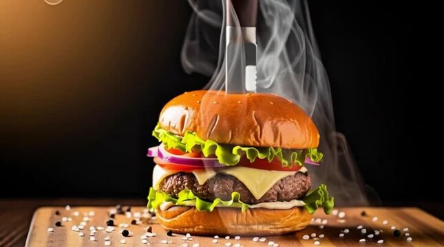 A steaming, gourmet beef burger with melted cheese, fresh vegetables, and a knife, presented on a rustic wooden board.