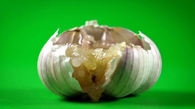 A detailed shot of a hand pressing down on a whole garlic bulb, causing it to burst open and expose its raw cloves and juices.