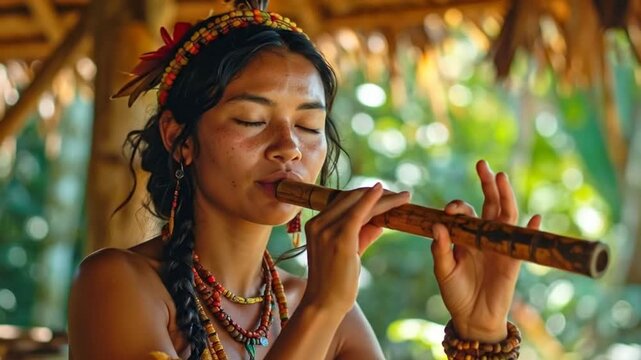 Young woman with traditional headdress plays a wooden flute in a tropical setting.