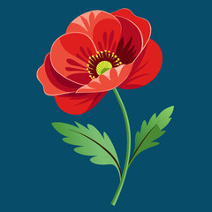 Red Poppy Flower Vector Illustration on Blue Background