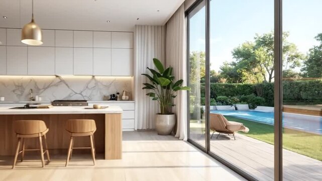 Modern living room interior with open floor plan and outdoor swimming pool view.
