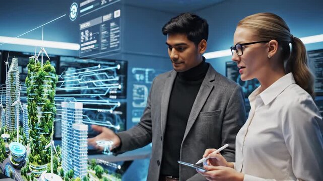Diverse professionals collaborate on futuristic smart city project using holographic technology.