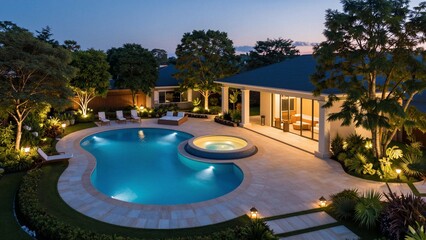 Fototapeta premium A luxurious backyard featuring a curved swimming pool and an illuminated hot tub surrounded by lush greenery, with soft focus on the evening scene.