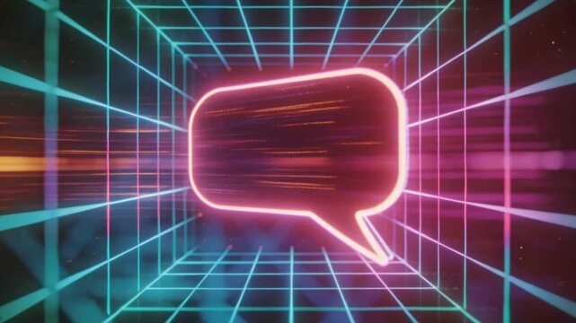 Vibrant neon pink speech bubble abstract laser frame quote grid communication digital futuristic network message virtual cyber space energetic portal