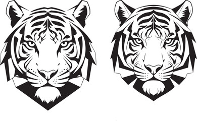 Fototapeta premium Two geometric tiger heads in black and white, powerful and fierce predator designs