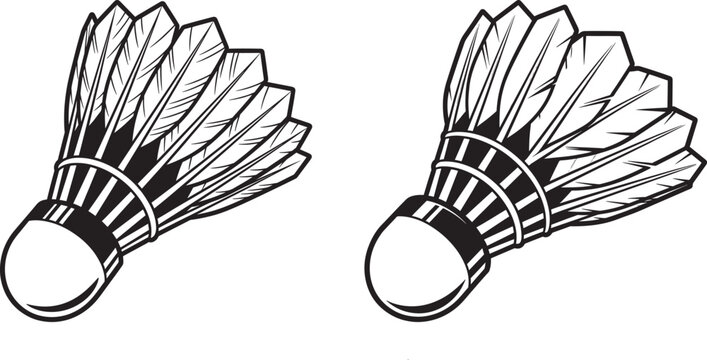 Two detailed black and white vector illustrations of badminton shuttlecocks, iconic sports equipment