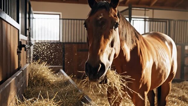 A beautiful brown horse is happily eating hay inside a sunlit stable