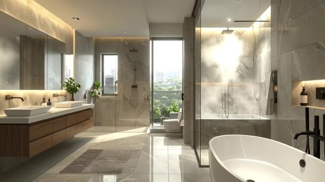 Modern bathroom interior featuring marble walls, wooden vanity, and glass shower enclosure with natural light.