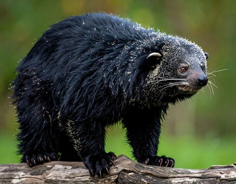 A wet, dark, furry bearcat perched on a mossy log, in an outdoor setting with blurry green background