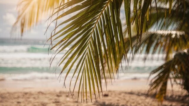 Coconut palm leaf beach sea ocean sand summer tropical vacation serene landscape golden hour sunshine breeze coast peaceful green foliage water shore