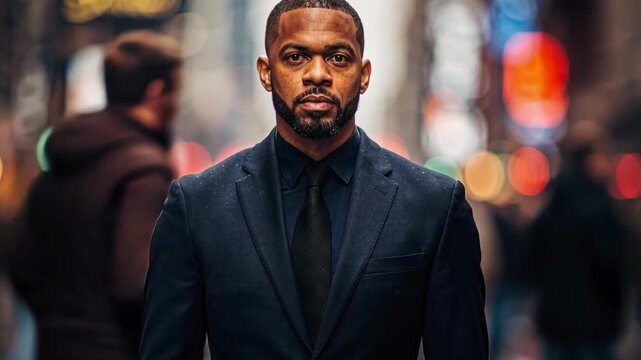 Serious confident black man wearing navy suit standing still within busy city street crowd stream zoom portrait professional businessman urban scene