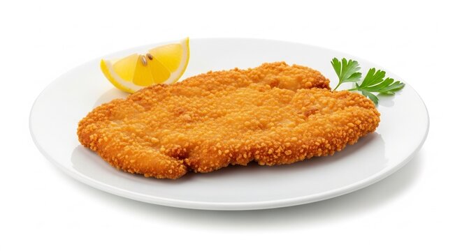 Crispy Breaded Schnitzel with Lemon Wedge and Parsley Garnish.