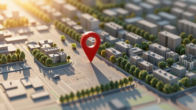 A red location marker on a miniature cityscape model with buildings and roads, soft focus.