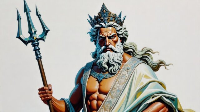Mythical poseidon illustration with trident and crown.
