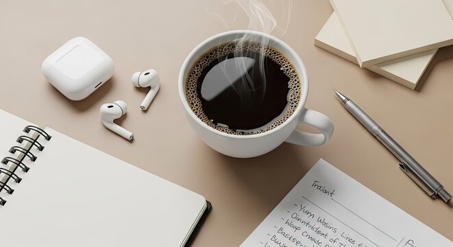 Coffee cup on desk with headphones and notepad for work or study
