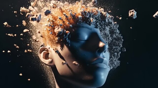 Abstract Head Exploding With Colorful Particles And Smoke.