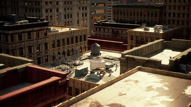 The vibrant skyline reveals a collection of historic buildings and commercial rooftops bathed in sunlight. Various industrial structures are scattered across the rooftops.