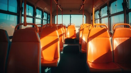 Fototapeta premium Empty bus interior with bright orange seats and sunlight streaming through windows.