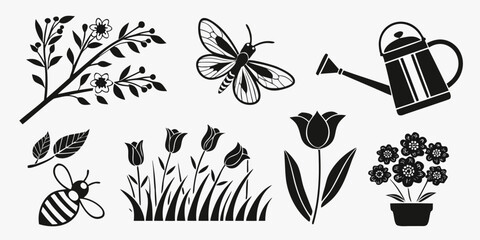 A delightful illustration showcasing various garden insects and plants in a charming black and white design © Hf