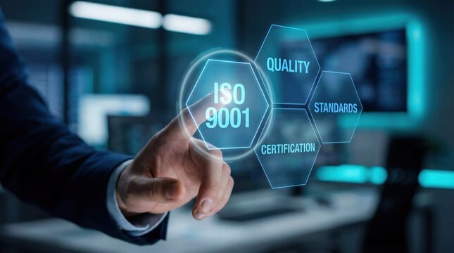 Businessman touching ISO 9001 certification symbol in futuristic blue glow with quality standards in modern office setting for corporate compliance