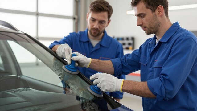 Two mechanics in blue uniforms install a new car windshield using blue suction cups, focused on precision work.
