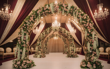 Obraz premium Grand Bollywood Style Wedding Stage with Golden Arch Structure, Rose and Jasmine Floral Garlands, Crystal Chandeliers, Velvet Drapes and Shimmering Spotlight in Opulent Royal Atmosphere
