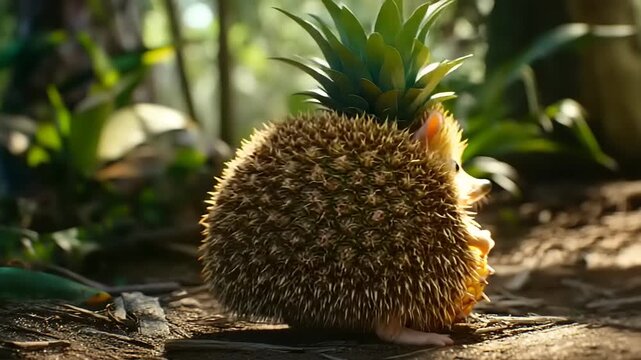Cute cartoon hedgehog holding a pineapple in a forest setting.