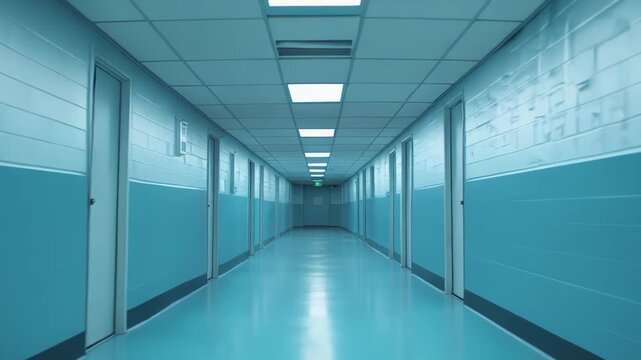 Empty, sterile hospital corridor with multiple closed doors and bright overhead fluorescent lights creating a strong reflection on the clean, polished floor
