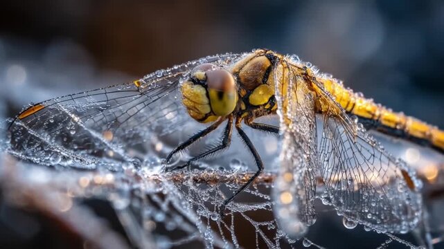 Close up of a dragonfly with water droplets on wings against blurred background