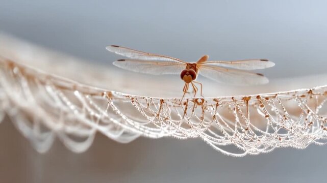 Close up of a dragonfly perched on a delicate web structure