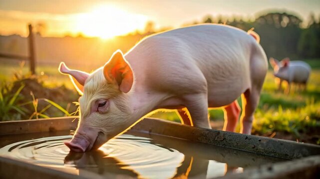 Young piglet drinking water from a trough on a farm at golden sunset