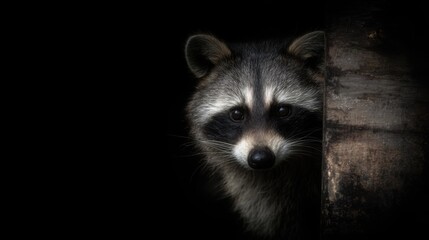 Obraz premium A curious raccoon with a masked face peeking from behind a dark tree trunk