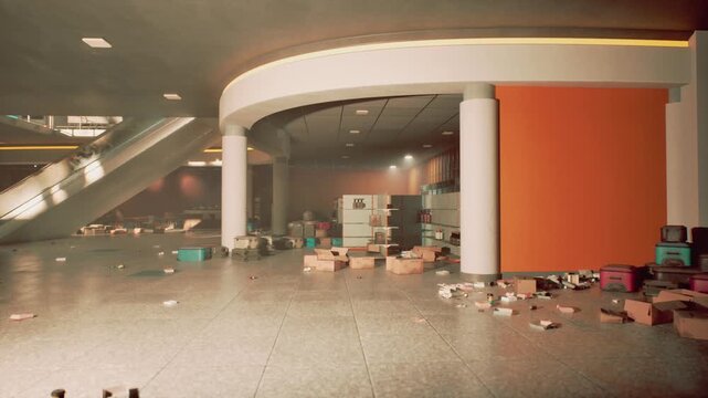 The store lies in chaos, with debris scattered across the floor and shelves overturned. Evidence of theft is apparent, showing the aftermath of a robbery in the shopping center.