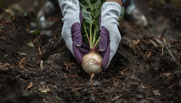 Hands Wearing Garden Gloves picking Turnip (Shalgam)