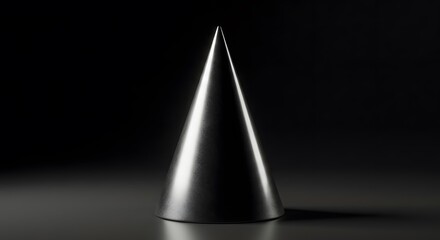 Sleek, metallic cone object casting a shadow against a black backdrop, dramatic lighting