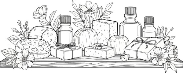 Obraz premium A still life illustration of bath products and floral elements on a shelf