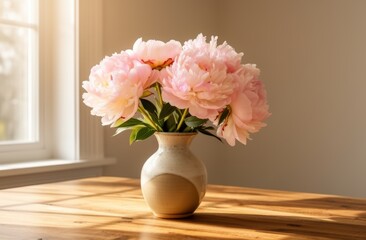 Fototapeta premium mother's day Pink peonies in ceramic vase by sunlit window on wooden table