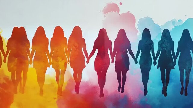 Diverse group of women holding hands in a line with colorful watercolor effect.