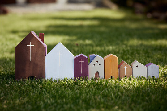 Colorful miniature church models with crosses arranged in descending size on green grass background