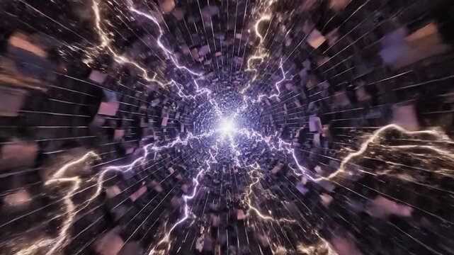 Flying through a futuristic wormhole tunnel with lightning effects.