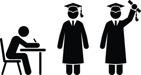 Education and graduation process icons showing student studying and receiving a diploma Vector © Raton