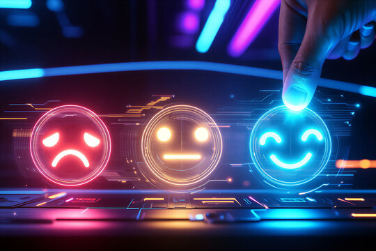 Futuristic digital interface with emotion icons showing happy sad and neutral faces selected by finger