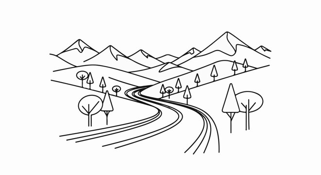A stylized line drawing depicts a winding road through a mountain landscape with trees
