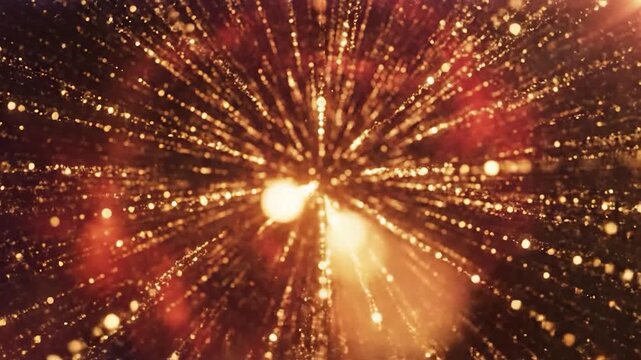 Abstract background of golden glitter particles exploding outward.