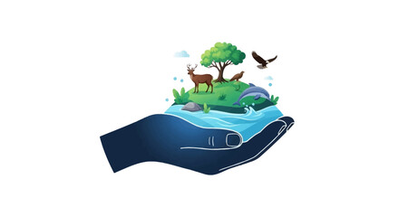 Vector illustration of a hand cradling a globe with a tree, deer, and bird, symbolizing World Wildlife Day and conservation, against a clean white background. © RizqiArdi