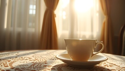 Fototapeta premium Tea in a porcelain cup with lace tablecloth, sunlight filtering through curtains, retro lo-fi mood 2