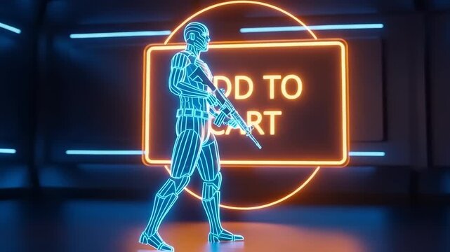 Futuristic Character Holding Gun Near Add to Cart Sign.