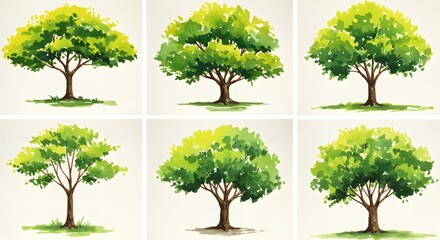 Fototapeta premium Six watercolor-style illustrations of leafy trees showcasing various green hues and compositions
