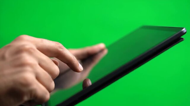 A person's hands are seen interacting with a modern digital tablet, featuring a customizable green screen.